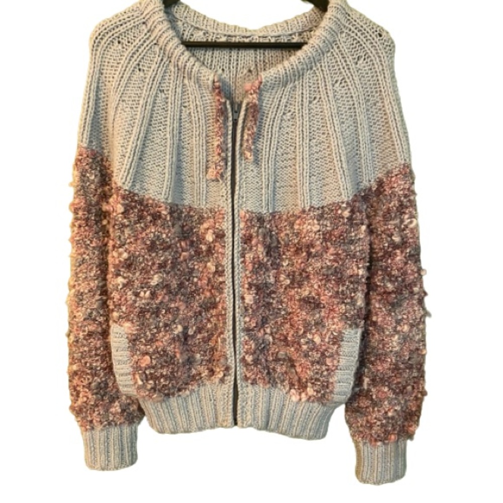 Vintage popcorn knit nubby wool zip up cardigan